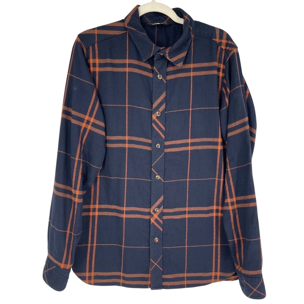 The North Face Shirt Mens Medium Navy Orange Plaid Flannel Fall Hiking Gorpcore